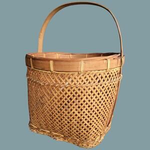 Vintage 1970s Handwoven Japanese Bamboo Ikebana Kago Basket